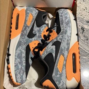 Nike Air Max 90 “Digi Camo Blue” Athletic Shoes - Black, Gray, and Orange